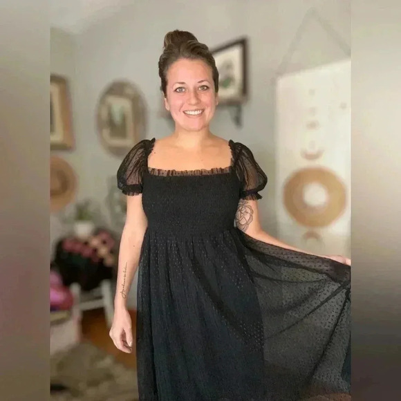 O.P.T Square Neck Smocked Midi Dress Large - Picture 2 of 7